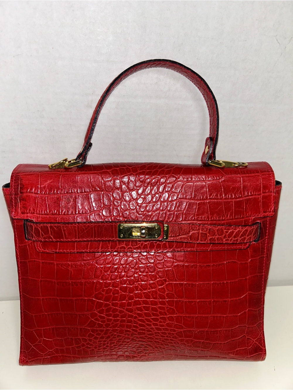 Doncaster Red Croc Embossed Leather Top Handle Satchel Made Italy